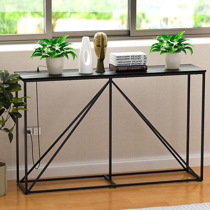 Console Table, 51" W × 12" D × 31.5" H Sofa Table Behind Couch, Entryway Table with Electrical Outlet & USB Ports, Industrial Pyramid Metal Base Console Table for Entryway, Black Wood