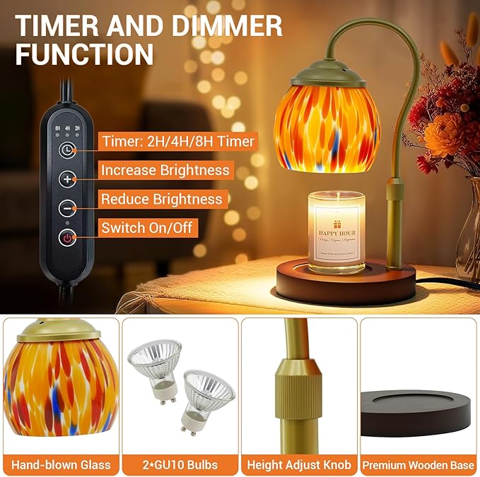 Candle Warmer Lamp - Electric Candle Warmers with Timer Dimmer Height Adjustable Wax Melt Warmer for Jar Candles, Blown Art Glass Warming Lamp Housewarming & Birthday Gifts for Mom Women
