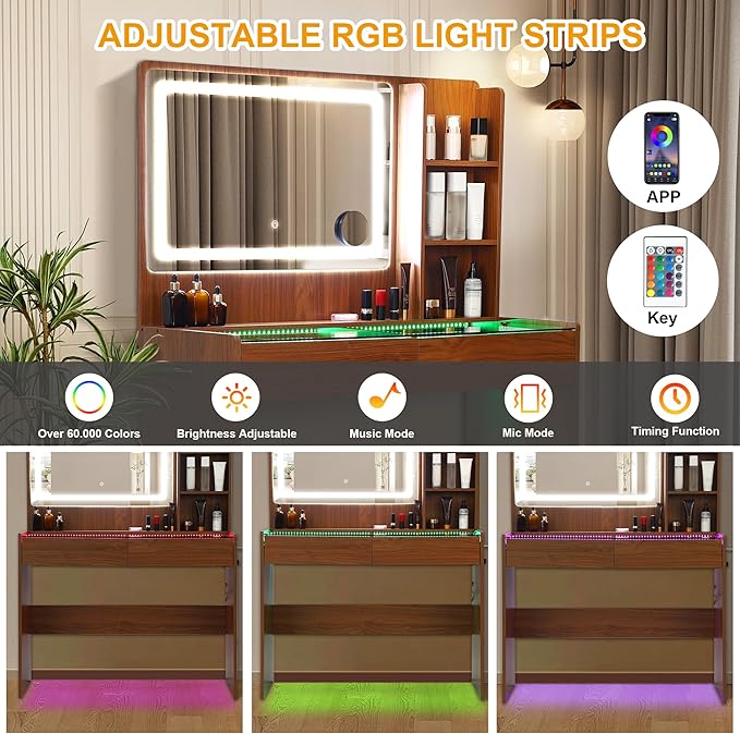 Vanity Desk,Transparent Desktop,Multiple Color Ambient Lights,with Mirror and Tri Color Light Strip,Dressing Table with Charging Station,Equipped with 2 Drawers,Peach Colored