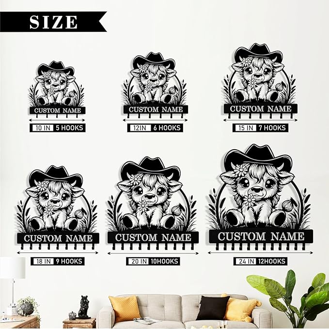 Personalized Key Holder Wall Mount, Custom Metal Highland Cow Keys Holder for Wall with Name, Wall Key Hanger Rack with Hooks for Entryway, Front Door, Living Room, Kitchen, Bathroom, Garden