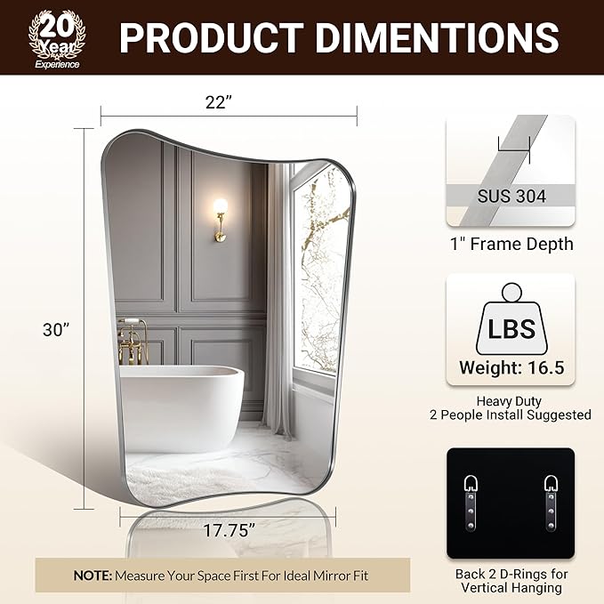 ANDY STAR Brushed Nickel Bathroom Mirror, 22x30 Silver Metal Framed Mirrors for Bathroom, Irregular Wall Mirror in Anti-Rust Stainless Steel Frame, Unique Shape Frame Ideal for Home Remodel