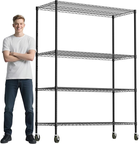 Whitmor 4 Tier Storage Shelves with Wheels, Heavy Duty Metal Shelving Unit, 625 lbs Capacity per Shelf, 2500 lbs Total for Kitchen, Garage, Plant, 55" L x 24" W x 72" H, Black
