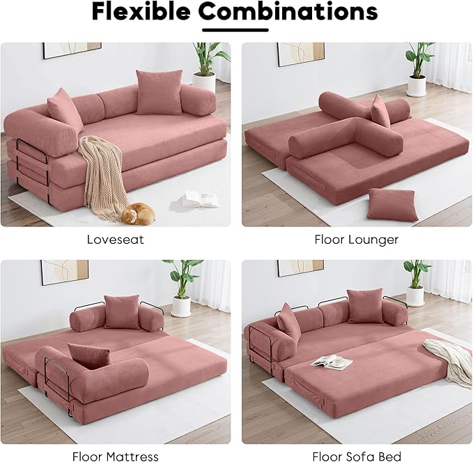 Convertible Sleeper Sofa Bed with Cylindrical Pillow, Corduroy Folding Boneless Couch with Fixed-Shape Frame, Floor Sofa Lounge Couch for Living Room Bedroom Lounge Studio-Pink