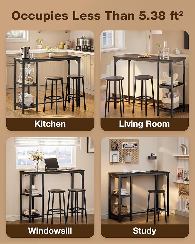 Small Bar Table Set for 2, Bar Table and Chairs Set for 2, Kitchen Table for 2 with 2 Storage Shelves & Wine Glass Holder, Dining Table for Small Apartment, Dining Room, Black