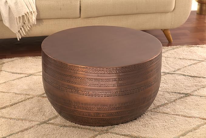 Modern Round Aluminum Hammered Embossed Texturing Metal Drum Coffee Table, Hand-Stamped Iron, Boho Accent Cylinder Drum Coffee Table, Cocktail Table, for The Living Room and Bedroom, Copper