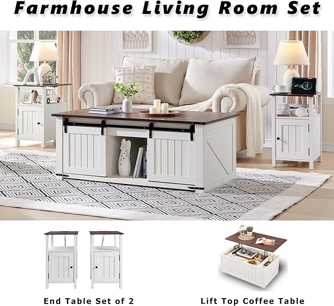 Farmhouse Nightstand Set of 2, End Table with Charging Station, Rustic Side Table w/Barn Door & Open Shelves, Bedside Table w/Storage Space and Storage Cabinet for Bedroom, Living Room (White)