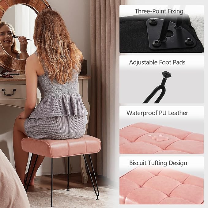 PU Leather Vanity Stools, Vanity Stool Chairs for Makeup Faux Leather Foot Stools Ottoman with Metal Leg Make up Chairs for Vanity Small Bench Seat for Living Room Bedroom (Pink)
