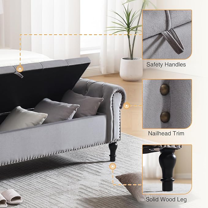 Velvet Storage Bench 67 Inch Upholstered Tufted Ottoman Bench with Arms King Size End of Bed Bench for Bedroom Living Room Entryway Grey