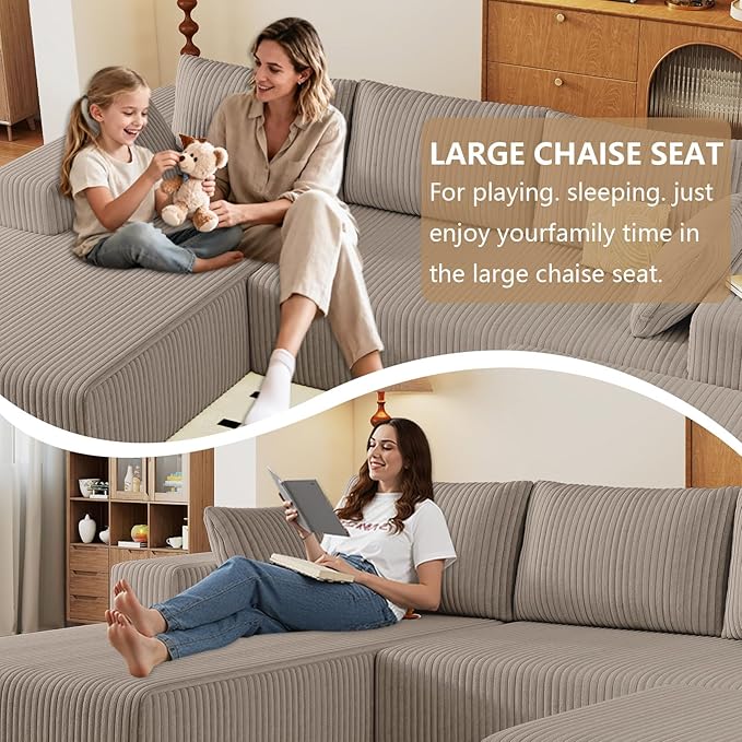 96" U-Shape Cloud Couch, Modern Modular Sectional L-Shape Sofa with Ottoman, Corduroy Upholstered Couches Deep Seat Chaise Longue for Living Room, No Assembly Required(Camel, Left Facing)