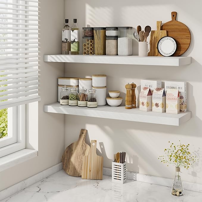 Fun Memories 36 Inch Floating Shelves, 9.3 Inch Deep Rustic Wall Shelves - Extra Deeper Wall Mounted Storage Shelves for Bathroom, Kitchen, Living Room (White, Set of 2)