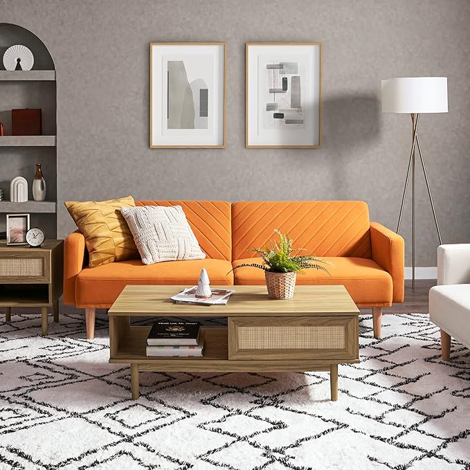 mopio 76.4" Futon Sofa Bed, Couch, Loveseat, Sleeper Sofa, Mid Century Modern Futon Couch, Sofa Cama, Couches for Living Room (Apricot Velvet)