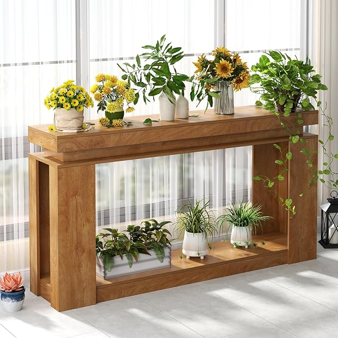 Loomie 63" Long Console Table with LED Lights & Power Outlet, 2-Tier Farmhouse Sofa Table Behind Couch with Storage, Narrow Entryway Tables with Heavy Duty Base for Living Room, Hallway (Natural)