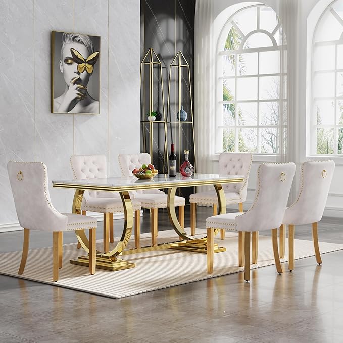 Goujxcy 7 Piece Marble Dining Table Set for 6, Luxury White Marble Gold Kitchen Table with 6 Beige Velvet Upholstered Chairs, Modern 6 Person Dining Room Table Set for Kicken Dining Office Room