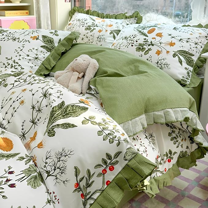 Romantic Green Floral Duvet Cover Queen 3 Pieces Ruffle Duvet Cover Girls Flower Comforter Cover 100% Cotton Vintage Floral Green Lace Bedding Cottagecore Flower Comforter Cover with 2 Pillowcases