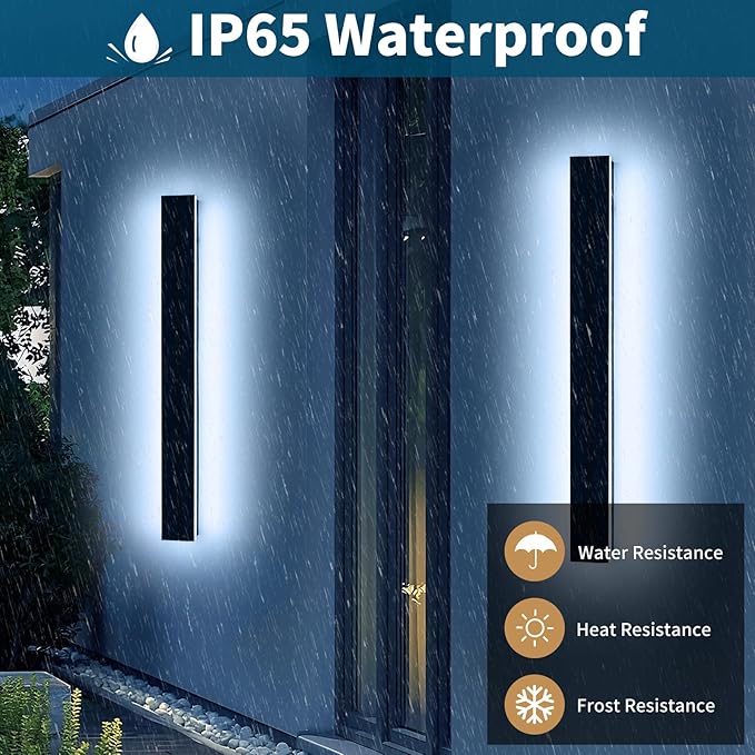 2 Pack 47.2inch Long Linear Outdoor Wall Light, 6000K Cold White Modern Wall Mounted Sconce, IP65 Waterproof, 42W, Black Exterior Lighting Fixture for Garage, Patio, Porch, Garden