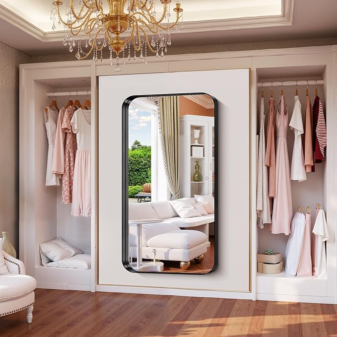 FORBATH 60x30 Inch Large Bathroom Mirror for Double Sinks, Brushed Black Deep Frame Wall Mirror with Rounded Corners, Anti-Rust Tempered Glass for Modern Farmhouse Vanity (Horizontal/Vertical)