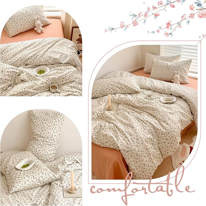 LifeTB Aesthetic Floral Duvet Cover King Cozy Boho Pink Flower Cotton Bedding Set Farmhouse Vintage Botanical Flower Duvet Cover Cute Floral Comforter Cover Girls Cottagecore Duvet Cover Set King