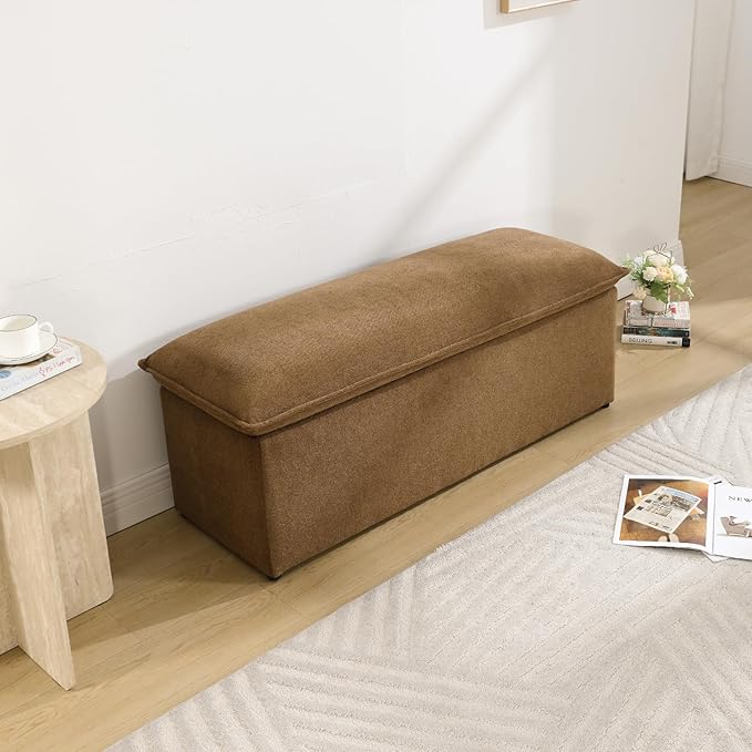 45.5 Inch Storage Ottoman Bench, Modern Upholstered Chenille End of Bed Bench with 2 Safety Hinge, Entryway Bench with Seating for Bedroom Living Room, Brown