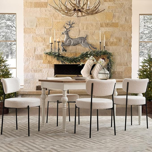 White Boucle Dining Chairs Set of 4, Upholstered Dinner Chair with Metal Frame, Dining Room Chairs with Padded Seat, Round Modern Seating for Living Room