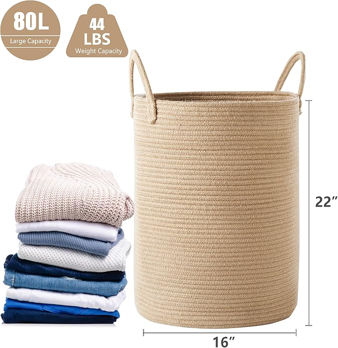 80L Extra Large Jute Woven Hamper Laundry Basket Wicker Rope Clothes Hamper for Baby Nursery Kids Tall Rattan Blanket Basket in Living Room Bedroom