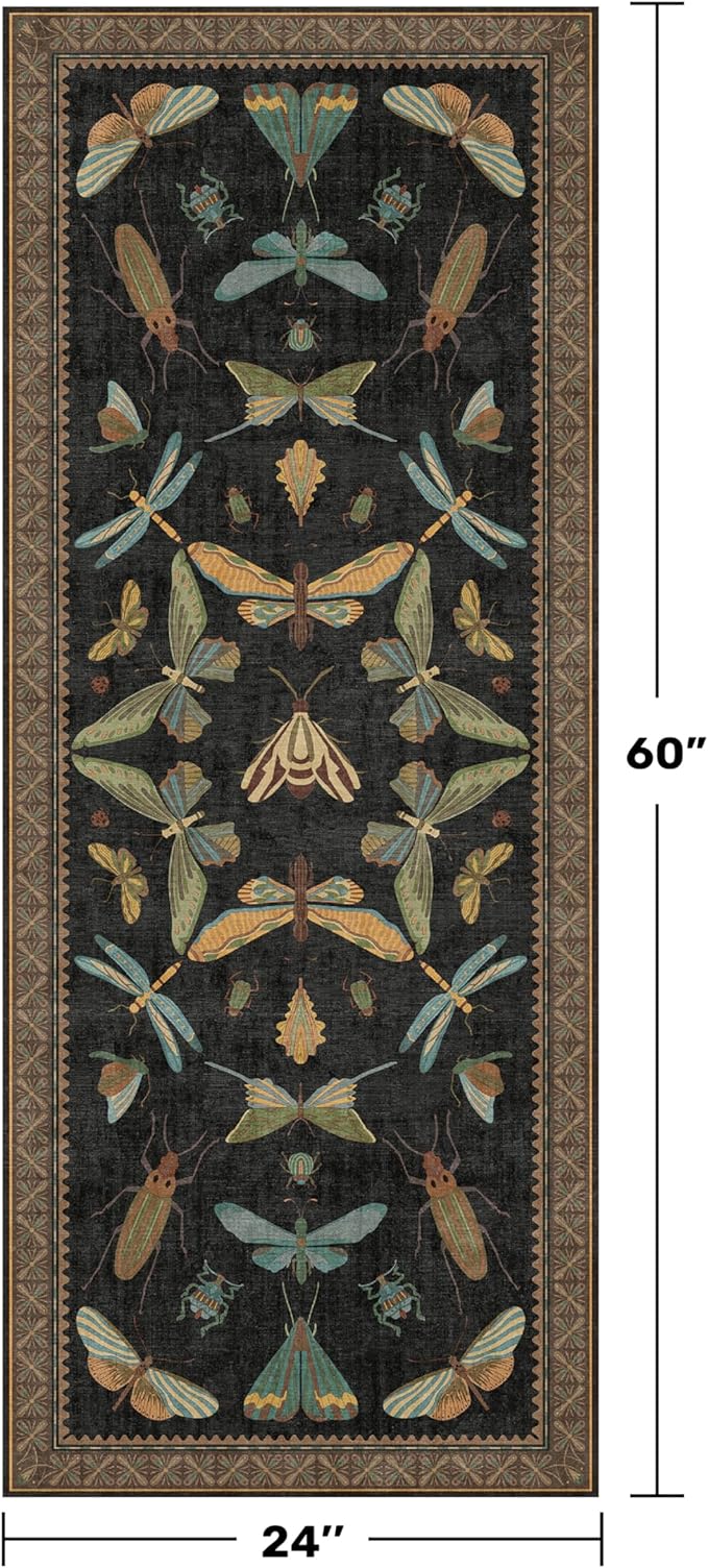 2x5 Black Washable Kitchen Runner Rugs Non Skid Washable - Gothic Runner Rug for Entryway, Kitchen, Insect Print Stain Resistant Indoor Décor