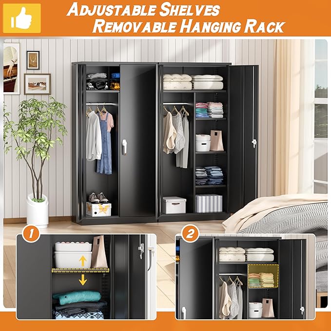 INTERGREAT Metal Wardrobe Closet, 72" H Metal Storage Armoires Cabinet with Lockable Doors and Hanging Rod, Armoire Wardrobe Closet with 4 Adjustable Shelves for Home Office, Warehouse, Garage, Black