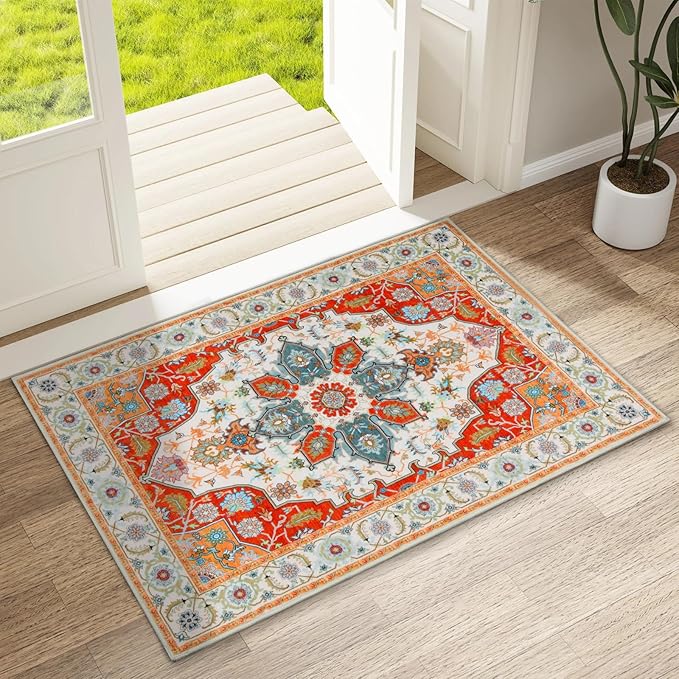 WILLSUN Washable Area Rugs, 2x3 Non-Slip Boho Small Area Rugs for Entryway, Kitchen, Bathroom, Machine Washable Vintage Rug, Indoor Floral Print Carpet for Home Decor, Kid & Pet Friendly Mat