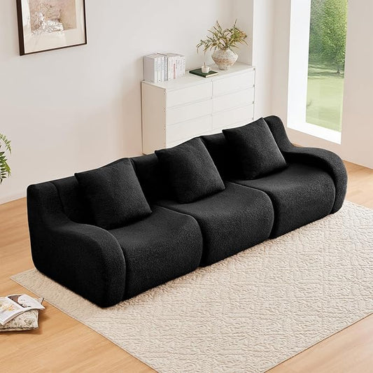 Black 3-Seater Cloud Couch, Modern Teddy Fabric Boneless Sectional Sofa in a Box for Living Room, Modular Floor Couch, Deep Seat, No Assembly Required, Sofas para Sala