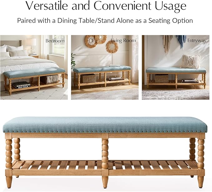 HULALA HOME Farmhouse Entryway Bench, 58" Fabric Bed Bench with Shelf, Solid Spindle Legs, Nailhead Trim Detail for Bedroom, Living Room, Hallway, Blue