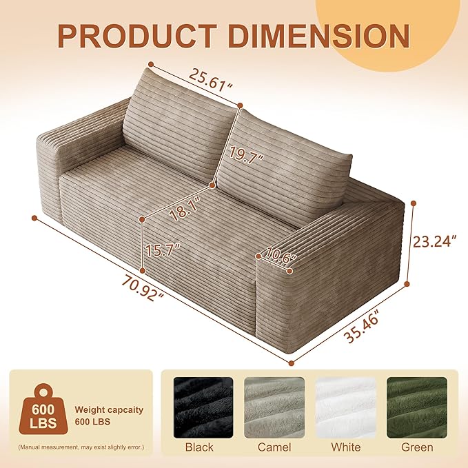 71" Corduroy Loveseat Sofa, 3-Seater Cloud Couch, Boneless Couch in a Box, Comfy Deep Seat Sofa with Memory Foam, Pillows and Wide Armrests, Modern Small Couches for Small Spaces, No Assembly (Camel)