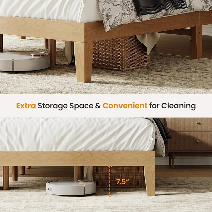 Queen Size Wood Platform Bed Frame, 12 Inch Solid Wood Bed Frame with Wooden Slats, No Box Spring Needed, Easy Assembly, Rustic Pine