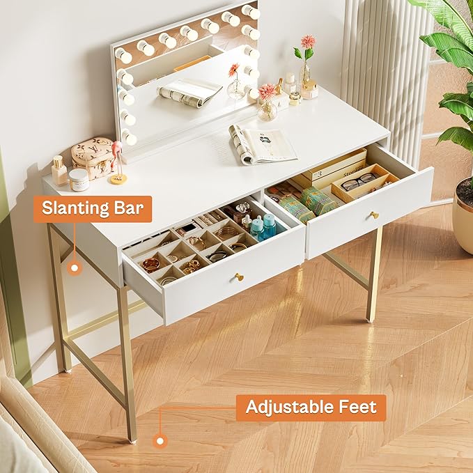 SUPERJARE 39.4" White and Gold Desk with 2 Drawers, Modern Makeup Vanity Desk, Small Computer Desk Home Office Desk for Writing Study Bedroom