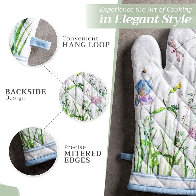 Maison d' Hermine 100% Cotton Oven Mitt & Pot Holder Set (7.5"x13" & 8"x8") Heat Resistant BBQ Cooking Gloves with Loop, Baking, Grilling, Kitchen, Handling Hot Pans Spring/Summer (Fleurs De Mai)
