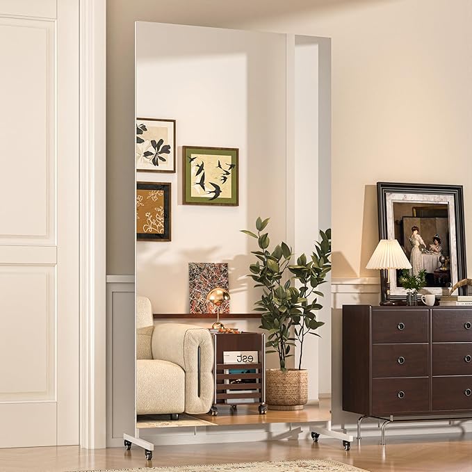 Hasipu Home Gym Mirror 360° Swivel on Wheels, 78.7" x 35.4" Extra Large Full Body Rolling Mirror for Yoga Studio, Bedroom, Dancing Studio, White