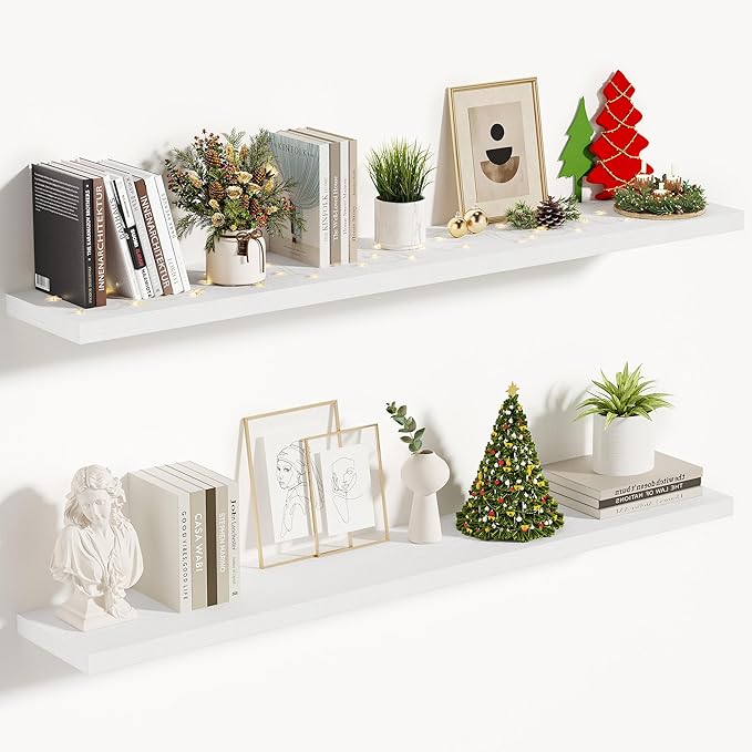 Vivelove 10 in Deep Floating Shelves for Wall, 48" x 10.2" x 1.5" Shelves for Room Wall Mounted, 1.5 Inch Thick Shelf for Bathroom Bedroom Kitchen Book Room, Modern Farmhouse Decor, Set of 2, White