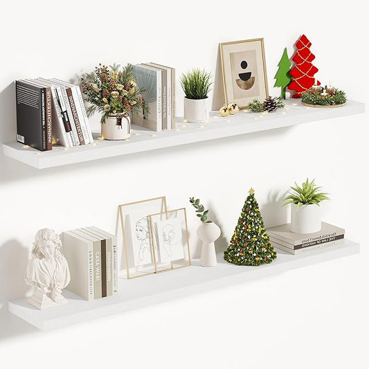 Vivelove 10 in Deep Floating Shelves for Wall, 48" x 10.2" x 1.5" Shelves for Room Wall Mounted, 1.5 Inch Thick Shelf for Bathroom Bedroom Kitchen Book Room, Modern Farmhouse Decor, Set of 2, White