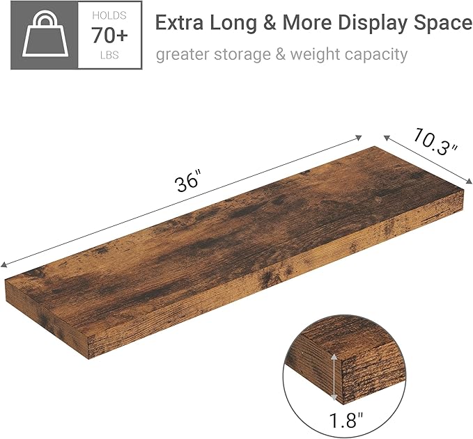 Vivelove Floating Shelves 10 inches Deep, 36x10 Shelves for Room，Wall Shelves for Bedroom, Living Room, Kitchen, Office, Bathroom Farmhouse Shelf, Home Decor with Invisible Bracket, Rustic Brown