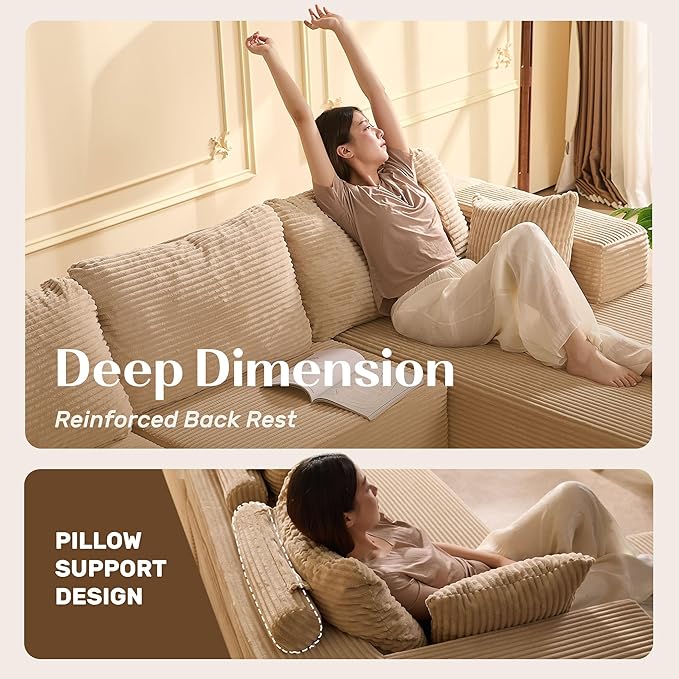 107" Boneless Couch with Deep Seat, Modular Sectional Sofa, Cloud Sectional Couch for Living Room, No Assembly Required, Corduroy, L-Shape Right?Camel
