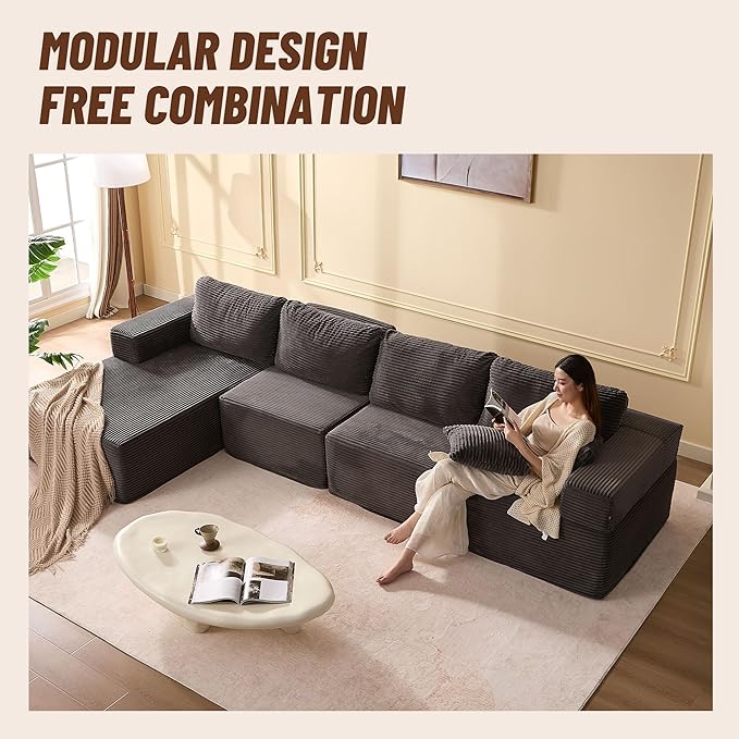 138" Boneless Couch with Deep Seat, Modular Sectional Sofa, Cloud Sectional Couch for Living Room, No Assembly Required, Corduroy, 4 Seater L-Shape Left, Grey
