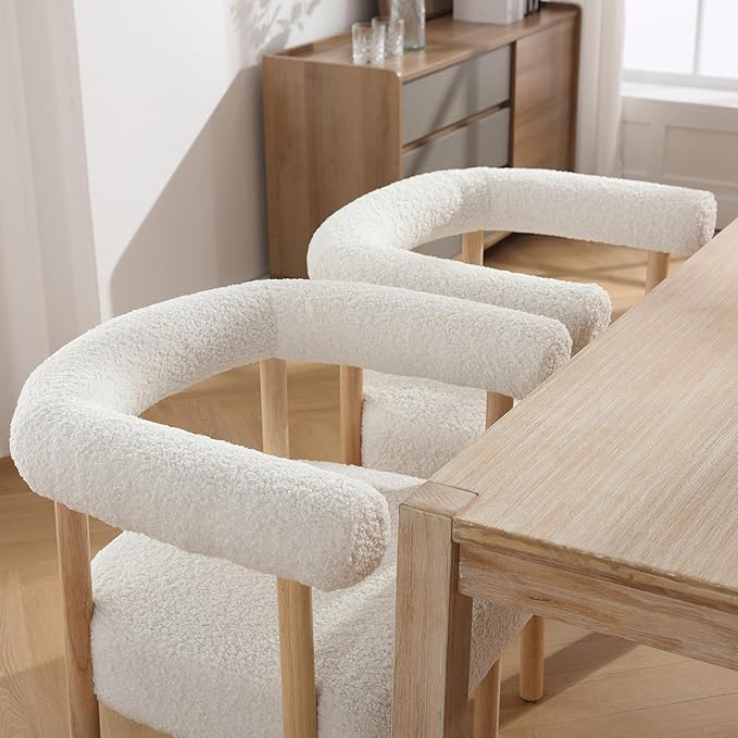 White Boucle Dining Chairs Set of 2, Modern Upholstered Dining Chairs, Curved Backrest Kitchen Dining Room Chairs Accent Chairs Arm Chairs with Natural Wood Legs