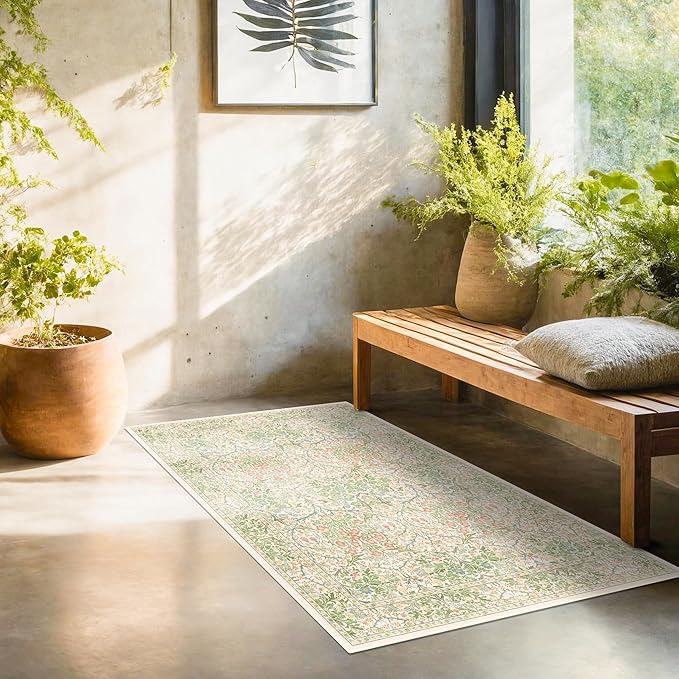 Washable Neutral Floral Living Room Rug, 3x5 Area Rugs for Bedroom, Nursery, Kitchen, Large Entryway, Vintage Non-Slip Throw Rug Low Pile Stain Resistant (3x5 Garden Green)