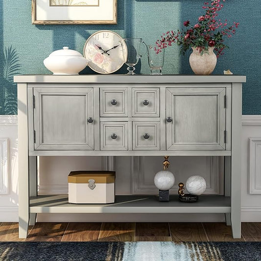 Farmhouse Vintage Console Table Sofa Table with 4 Drawers and Bottom Shelf, Solid Wood Buffet Sideboard Storage Cabinet for Entryway Living Room Kitchen Dining Room (Antique Gray)