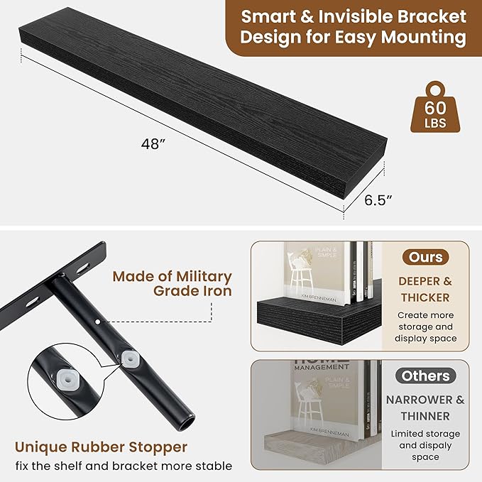fuqing Floating Shelves for Wall, Wall Mounted Wood Floating Shelf with Invisible Brackets for Living Room, Bathroom, Bedroom, Kitchen Storage and Decor, 48 Inch Set of 2, Black