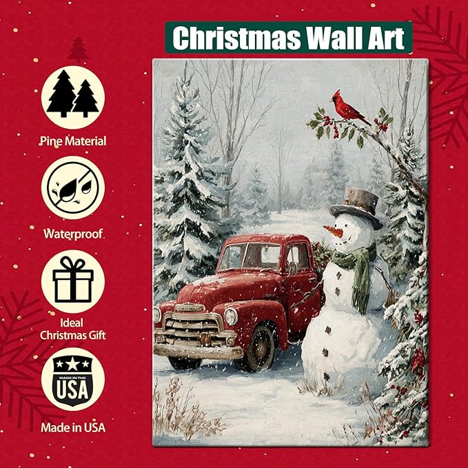 Christmas Snowman & Red Truck Canvas Wall Art - Rustic Winter Scene Framed Picture for Modern Farmhouse Home, Festive Christmas Wall Decor, Perfect Christmas Gifts & Holiday Decorations