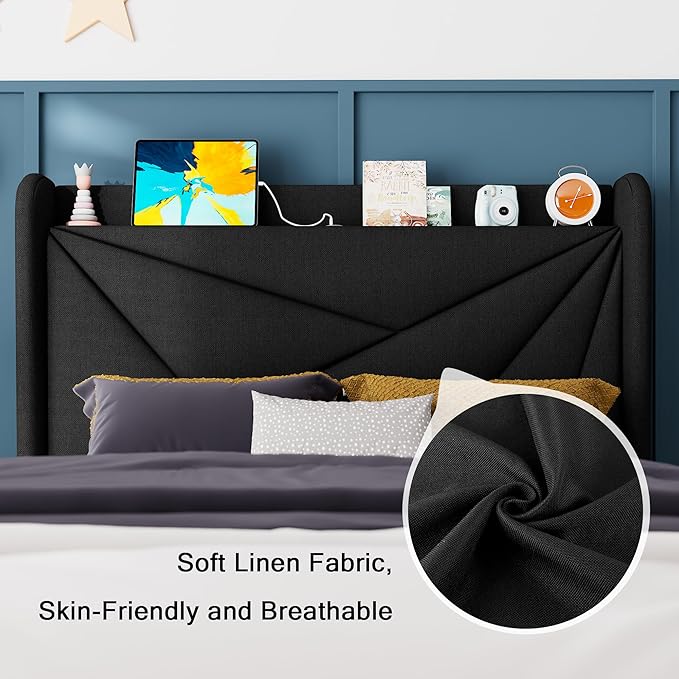 Feonase Twin Size Bed Frame with Charging Station, Upholstered Linen Bedframe with Wingback Headboard, Solid Wood Slats Support, No Box Spring Needed, Noise Free, Black