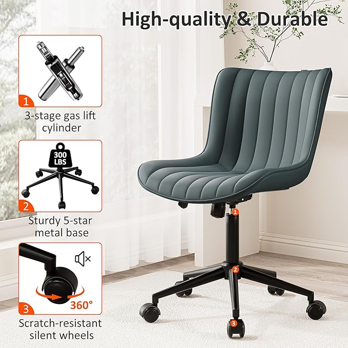 Kidol & Shellder Leather Home Office Desk Chair with Wheels Modern Cute Armless Executive Swivel Vanity Chair with Comfy Back Ergonomic Rolling Adjustable Computer Task Chair Small Greyish Green