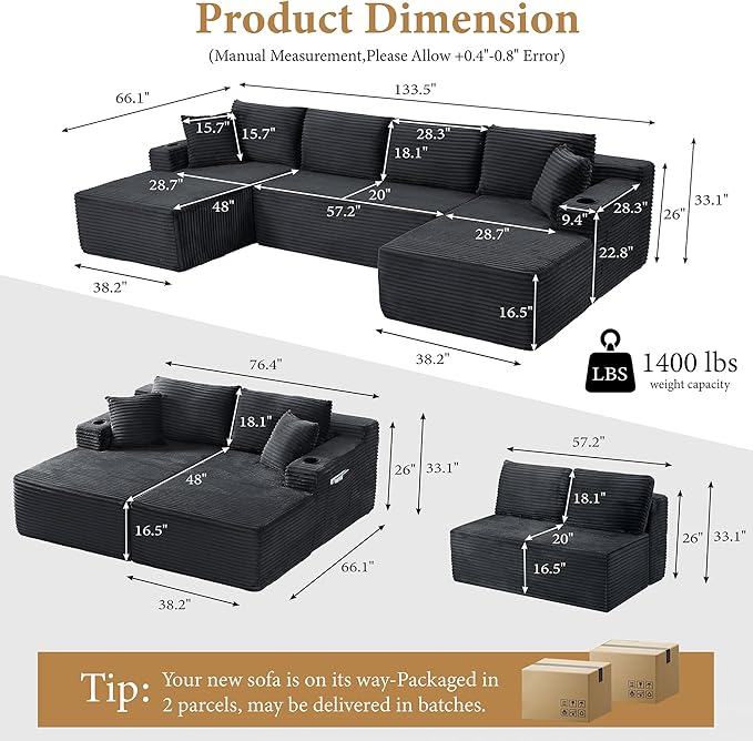 133" Couches for Living Room Deep-Seat Sectional Couch for Living Room Corduroy Boneless Couchs U-Shape Cloud Couch Flexible Modular Sectional Sofa with Chaise Lounge (Dark Gray, with Cup Holder)