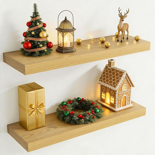 30 Inch Floating Shelves for Wall, 8 Inch Deep Floating Shelf for Storage & Display, Rustic Wall Mounted Shelf with Invisible Brackets for Living Room, Kitchen, Bathroom, Home Decor, Set of 2, Oak