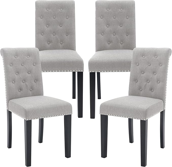 Westice Dining Room Chairs Set of 4 Upholstered Fabric Kitchen Chairs Dining Room Side Chair with Nailhead Trim and Rubber Wood Legs for Small Space Apartment, Light Gray