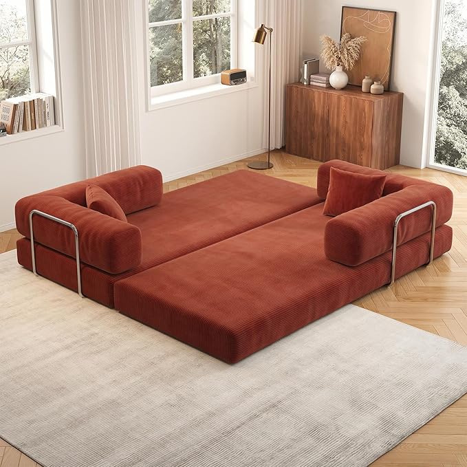 Antetek Convertible Futon Sofa Bed, 3-Seater Modern Corduroy Foam Floor King Size Bed Fold Out Sleeper Lounge Loveseat Sofa Couch with 2 Throw Pillows for Living Room Bedroom Guest Room, Tangerine